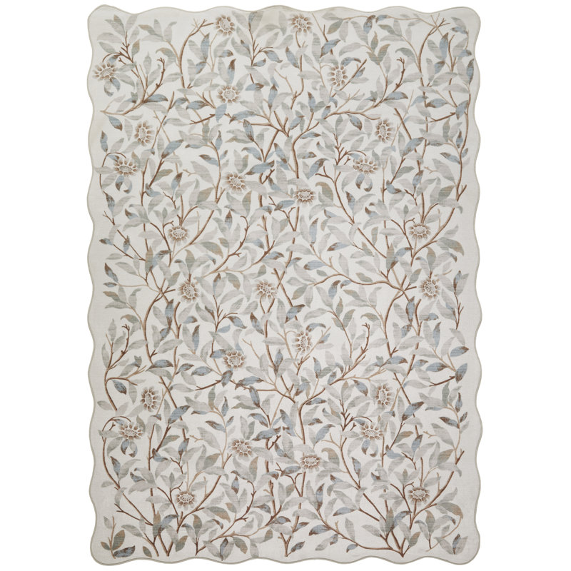 Floral Light Grey Washable/Stain Guarded Area Rug , Rectangle 160 x 230 cm