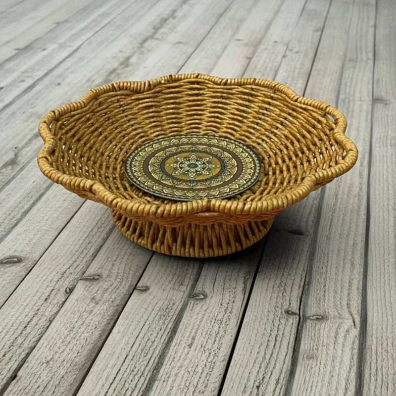 A Handcrafted Woven Storage Tray in a High-Foot Wave Shape, Featuring a Bohemian Pattern, 8.66" W x 8.66" D x 2.36" H