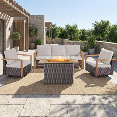 4-Piece Outdoor Rattan Modern Patio Fire Pit Conversation Set With Sofa & Swivel Chair