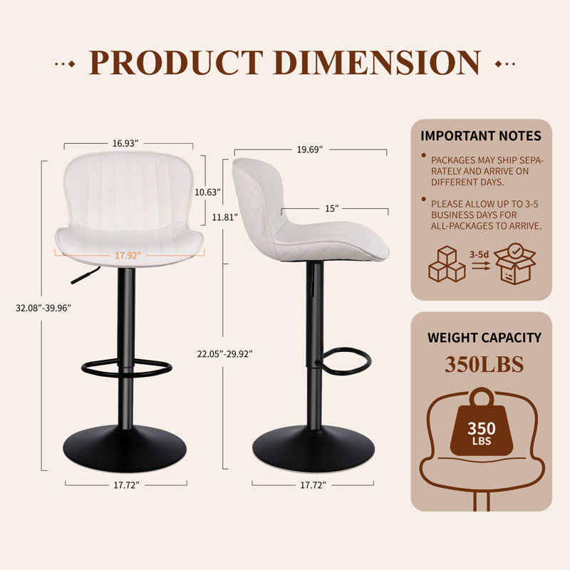 Lirah Vegan Leather Swivel Adjustable Height Upholstered Bar & Counter Stools, Cream, 2