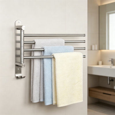Swivel Towel Rack 13.8", 4 Arm 304 Stainless Steel Wall Mount Towel Holder with Hook for Bathroom Kitchen, Brushed Nickel