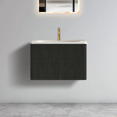 Meuble-lavabo flottant rayé en chêne noir brossé de 24 po avec lavabo en céramique blanche, meuble-lavabo une pièce sans drain, pré-assemblé