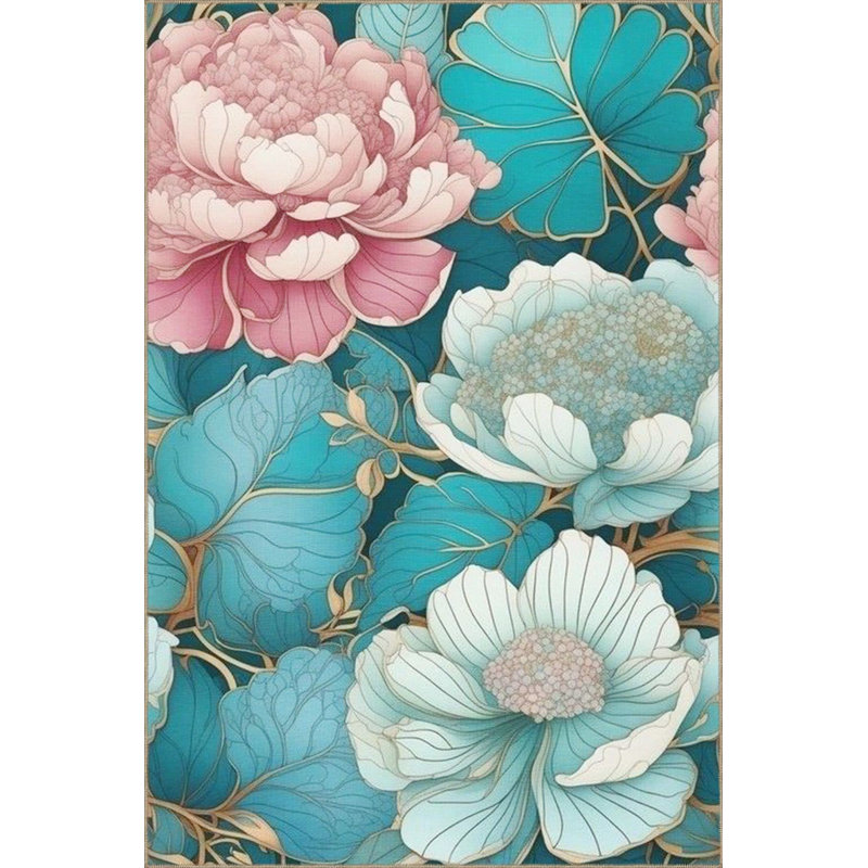 Tapis bleu tissé à motif floral lavable à la machine, Sous-tapis carré 3 pi 3 po inclus