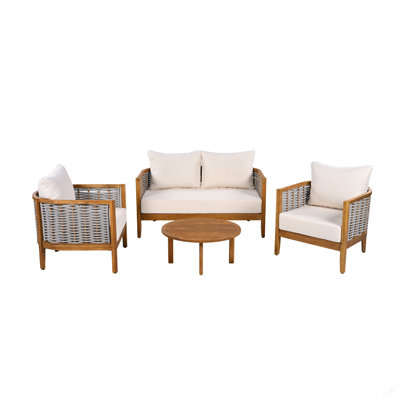 Ensemble de canapé d'extérieur unique à 4 places avec corde tissée, ensemble de meubles de patio en bois d'acacia 4 pièces, sièges profonds avec coussins moelleux pour porche, jardin, cour arrière, balcon, finition teck et coussin beige