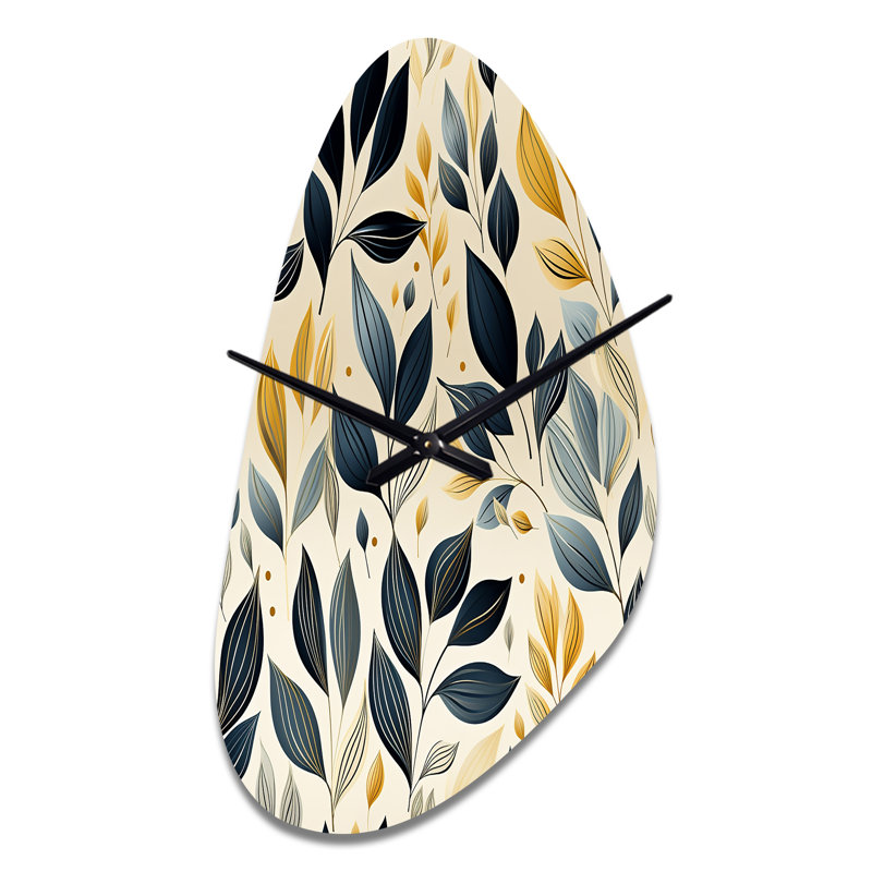 Modern Leaf Patterns VI - Plants Unique Shape Metal Wall Clock, Teal Asymmetrical Clock Print, Large