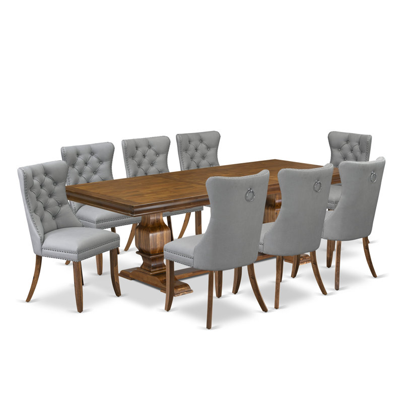 Ensemble de table de salle à manger 9 pièces comprenant une table rectangulaire et 8 chaises de salle à manger en polyester gris clair, noyer antique