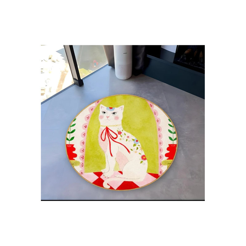 Green Cat And Flower Patterned Round Woven Base Modern Decorative Carpet, Round 3'4"