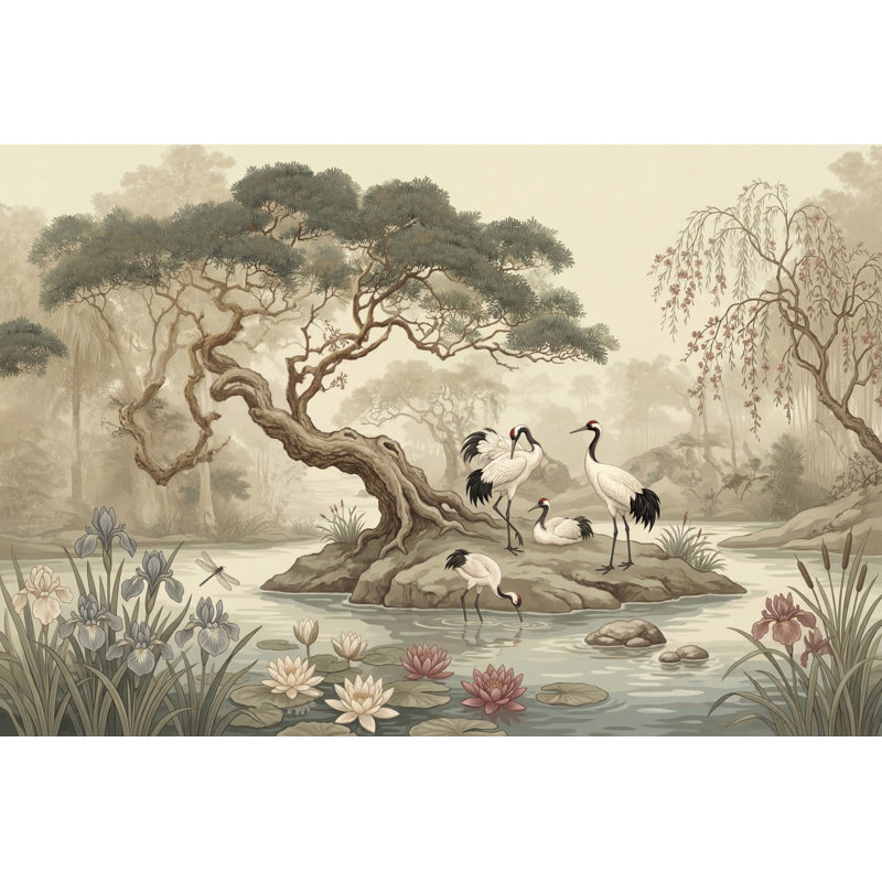 Papier peint Misty Landscape Cranes Pond, Non tissé, 160 po x 108 po