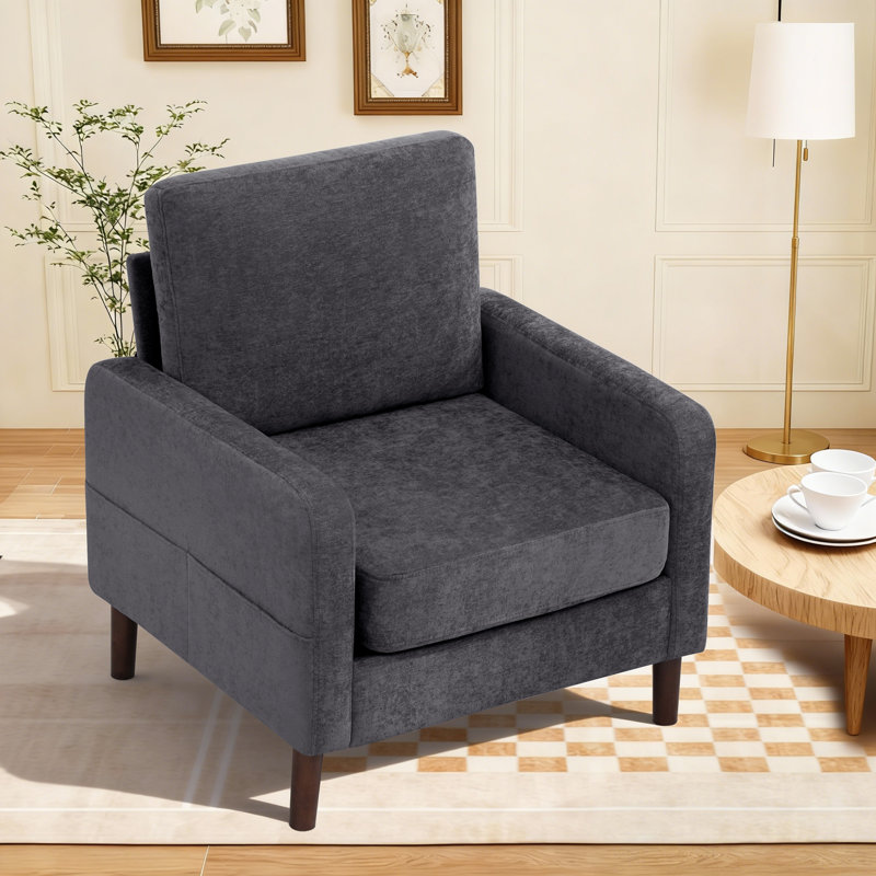 Stylish Upholstered Fabric Accent Chair with Sturdy Solid Wood Legs, Dark Gray