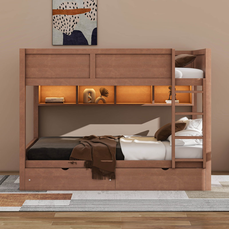 Full XL Over Full XL Bunk Bed With Storage Cabinets, LED Light And 2 Drawers, Brown