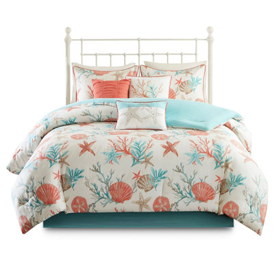 Pebble Beach Comforter Queen Coral - 7 Pieces, Cotton , Printed Coastal Theme, Piece With Embroidered Decorative Pillows, , Wrinkle , Bedding