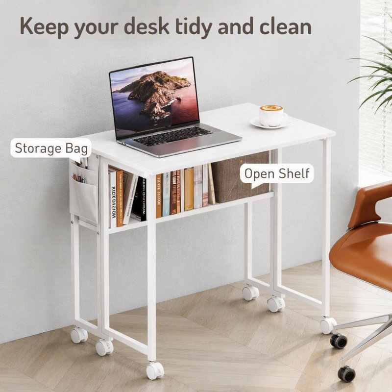 Bureau d'ordinateur pliable avec sac de rangement, étagère et roulettes, idéal pour les petits espaces et les bureaux à domicile.