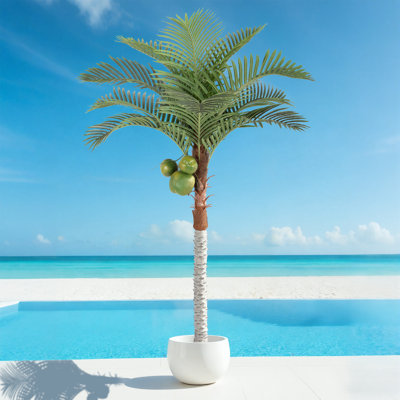 Artificial Coconut Palm Tree with 3 Coconuts (7'/8'), Faux Tropical Floor Plant with Optional LED Spotlight (Dual-Color/Multi-Color) for Indoor/Outdoor Decor