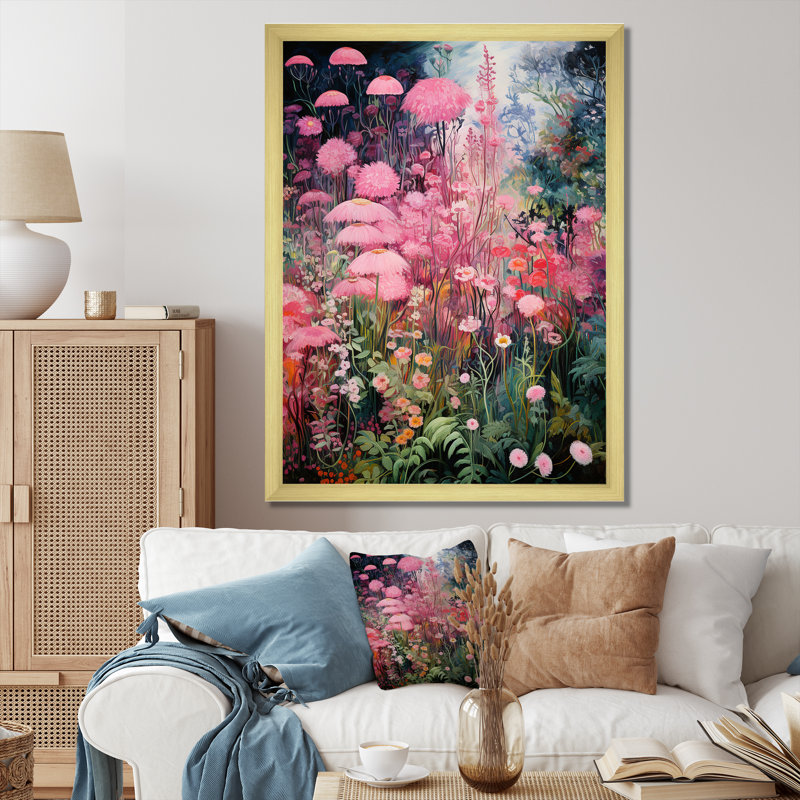 Enigma, fleurs de jardin roses et vertes 5 - Tachisme, art mural, Cadre doré simple, H 20 po x l 12 po x P 1 po