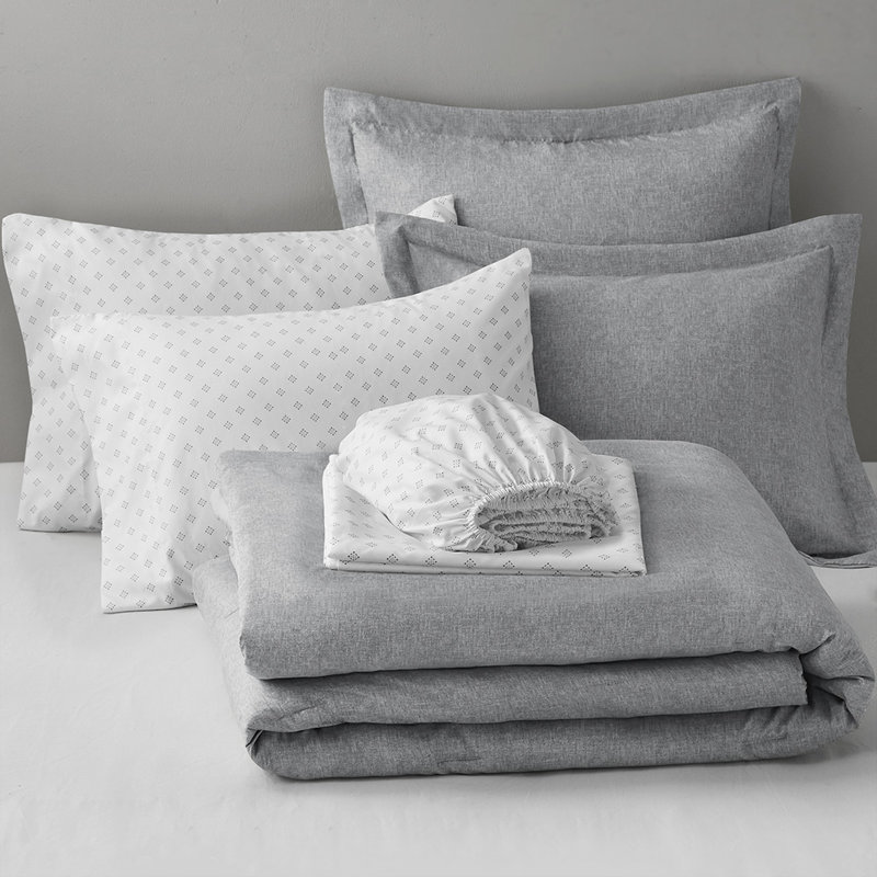 Camden Gray Chambray Print 7-Piece Queen Comforter Set with Bed Sheets, Queen Comforter + 6 Additional Pieces, Gray