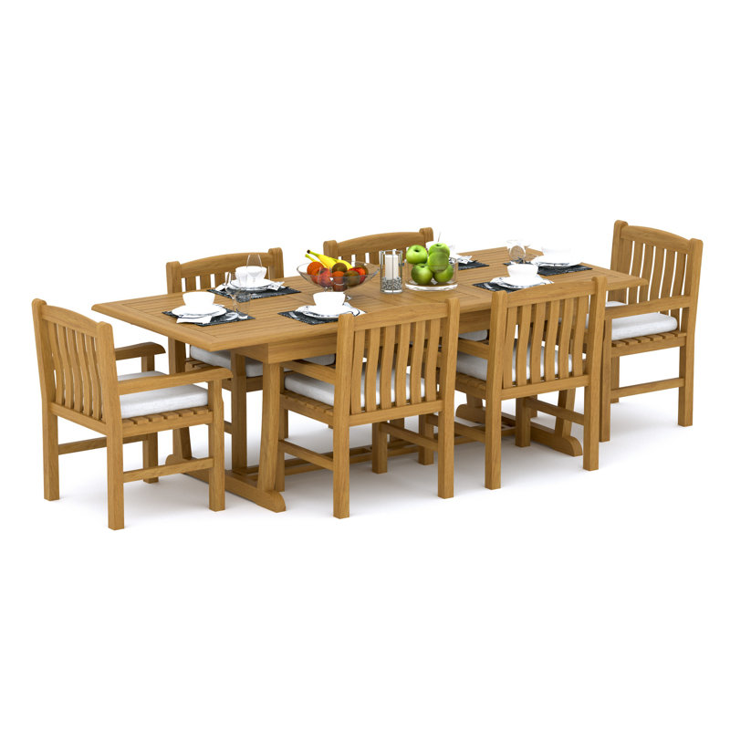 Ensemble de salle à manger 9 pièces en bois de teck de qualité A: table de chevet rectangulaire à double tréteaux 94 po et chaises avec accoudoirs Devon # 11DV2108