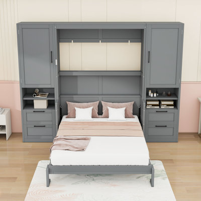 Grand lit escamotable en bois avec tiroirs et tablettes de rangement