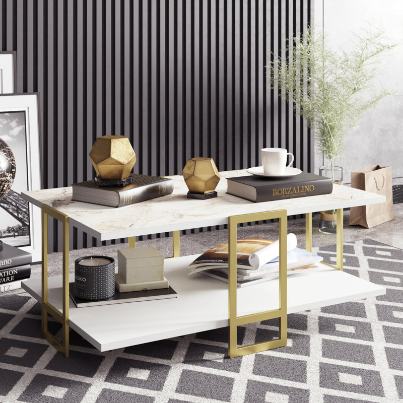 Polka Coffee Table with Storage, White Marble Pattern Top/White Base