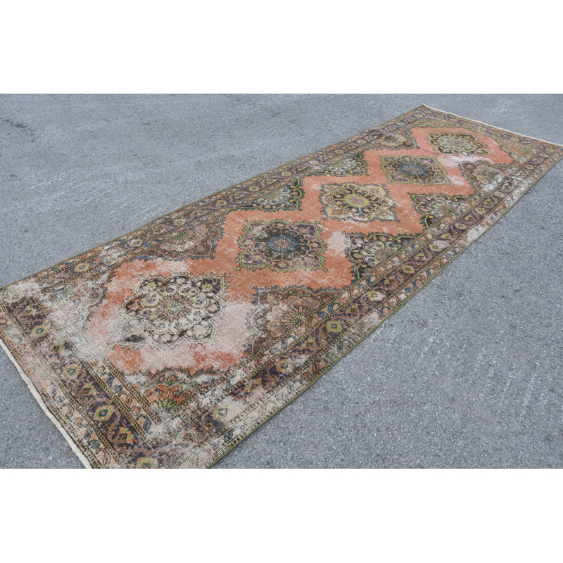 Tapis turc rétro Oushak avec un motif oriental pour les escaliers ou les coureurs - brun / orange