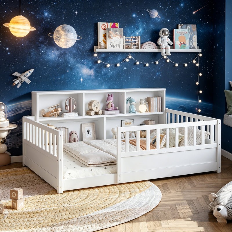 Lit pour tout-petits avec tablettes de rangement, lit en bois massif avec garde-corps de sécurité et support à lattes, cadre de lit pour enfant à profil bas, aucun sommier nécessaire pour les garçons et les filles