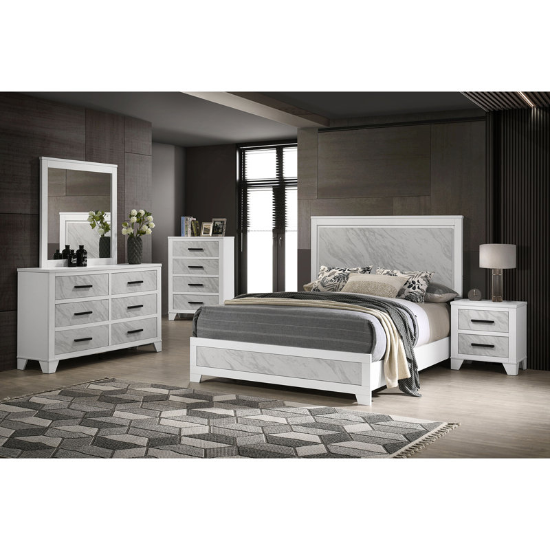 Commode blanche avec faux marbre et poignées noires