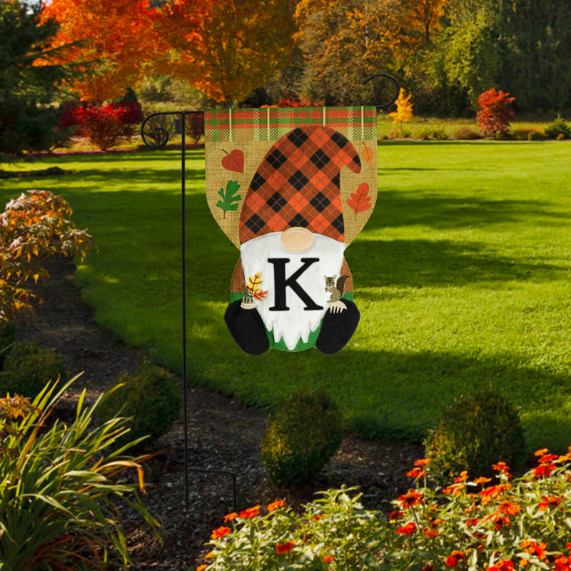 Gnome d'automne, toile de jute, monogramme, lettre K, drapeau de jardin