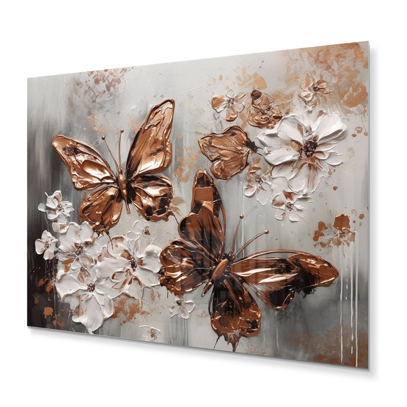 Décoration murale en métal rose avec ailes de papillon et fleurs II, H 24 po x l 32 po x P 1 po
