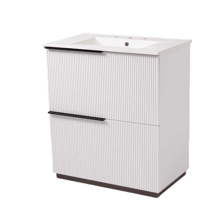 Meuble-lavabo de 30 po avec lavabo en céramique et tiroirs pleine extension, glissières de tiroir encastrées à fermeture en douceur, conception cannelée, blanc