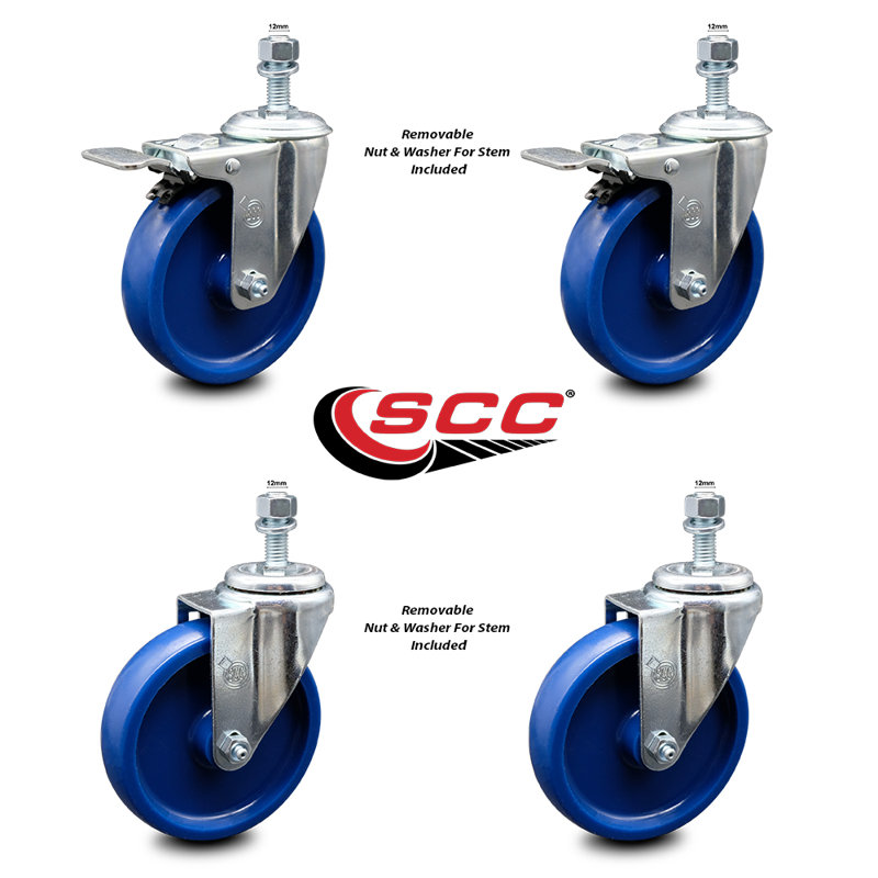 5 Inch SS Solid Poly 12mm Threaded Stem Caster Set 2 Total Lock Brake SCC