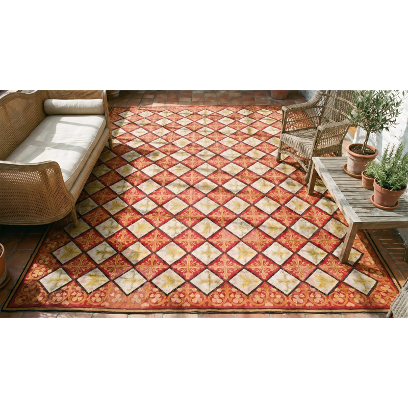 Rustic Red Antique Flatwoven Geometric French Fleur De Lis Design Needlepoint Carpet