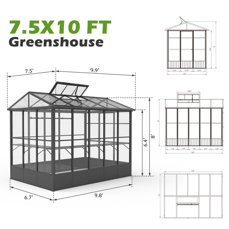 Outdoor Aluminum Frame Greenhouse with Automatic Vent and Polycarbonate Panels, 96" H x 118.80" W x 90" D