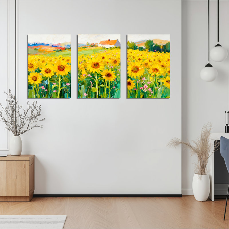 Tournesol, peinture à l'huile sur toile tendue sur toile, ensemble de 3, H 36 po x l 72 po