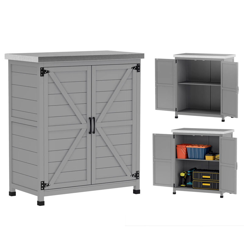 Armoire de rangement en bois avec plateau de table en métal, table de préparation pour l'extérieur avec tablette et portes doubles, banc de rempotage pour patio, cour, gris