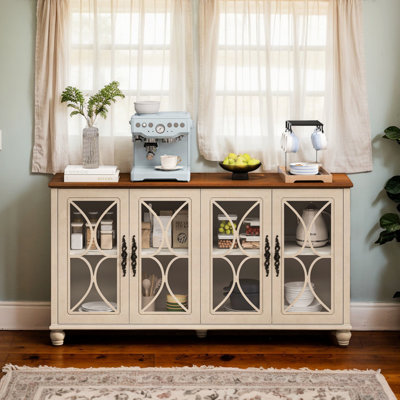 Beige 4-Door Storage Cabinet. European Antique Inspired For Living Room. Tempered Glass, & Wood, Ample Space Cabinet, Beige. Hallway Furniture. Solid Wood Legs, Decorative Aspect