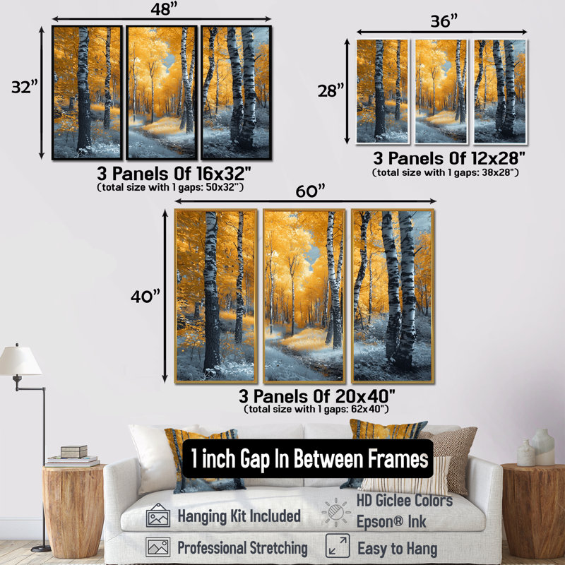 «Autumn Birch Trees Forest Path Panorama I», ensemble d'art mural forêt, H 28 po x l 36 po x P 1 po