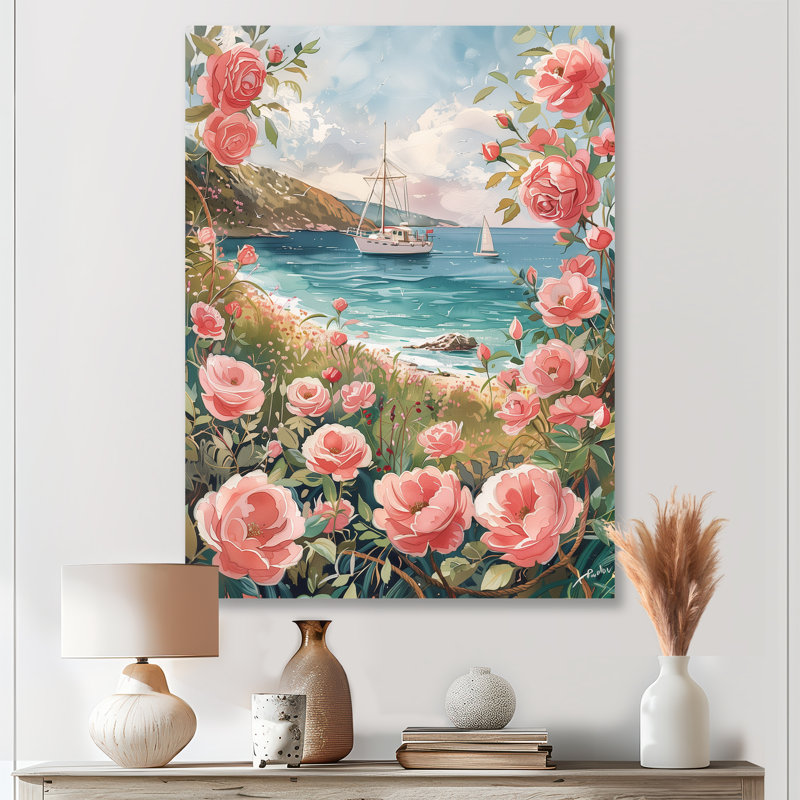  «Pink Rose Garden Coastal Beach - Art mural côtier, Métal métal, 40" H x 30" W