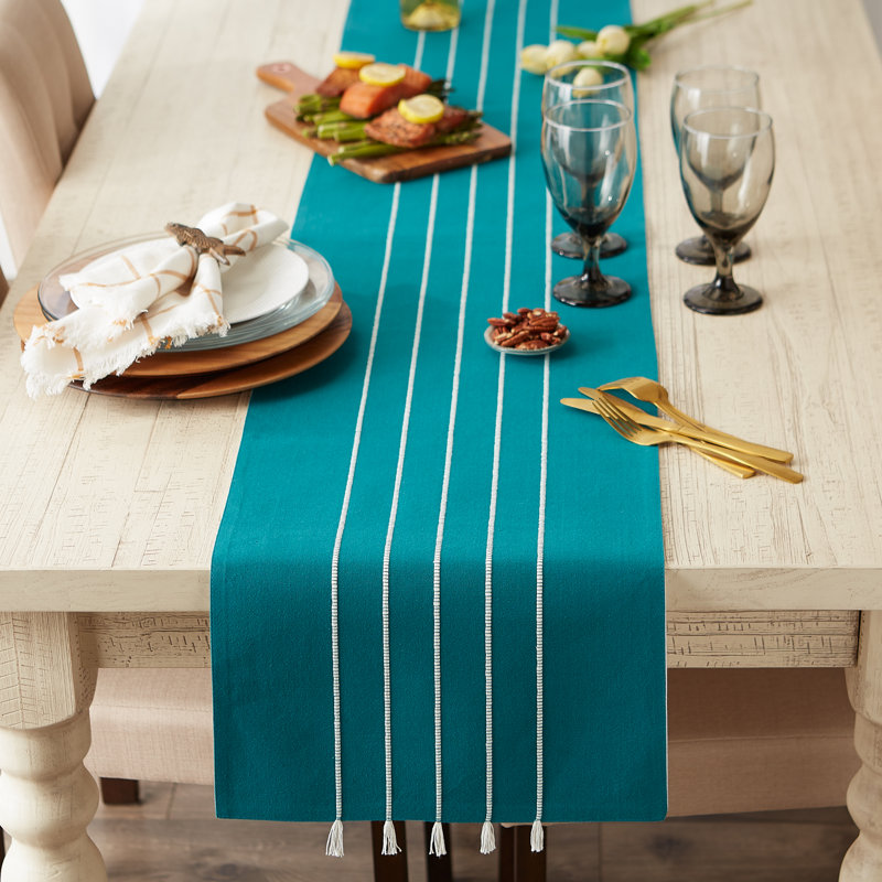 Chemin de table marine / blanc cassé à rayures 14 x 72, L 108 po x l 14 po, Bleu sarcelle