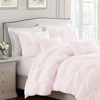 Floral Pintuck 3PC Comforter Set, Soft Microfiber, Pastel Colors, Lightweight Bedding Set