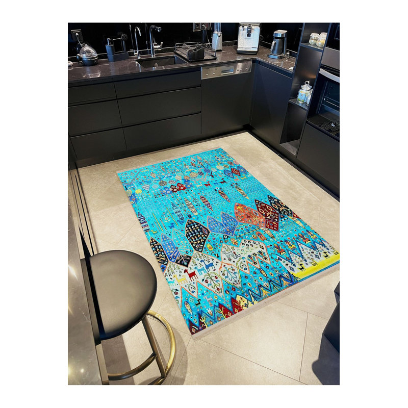 Tapis lavable à la machine à motif rétro à motif turquoise sur motif turquoise de la collection Barcelona