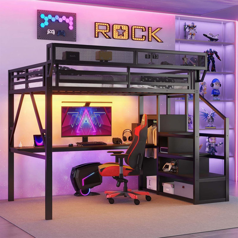 Lit mezzanine double en métal avec bureau, station de charge et escalier, idéal pour les enfants et les adolescents, conception compacte, durable et élégante