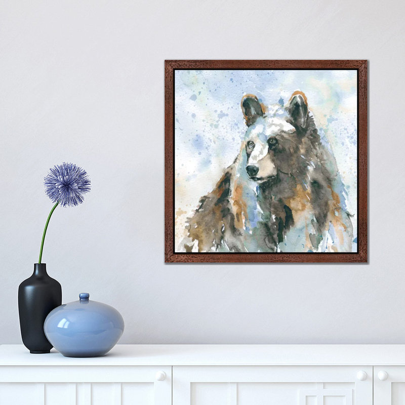 Black Bear On Blue by Carol Robinson - Floater Frame Painting on Canvas, 93.98 cm H x 93.98 cm W, Brown
