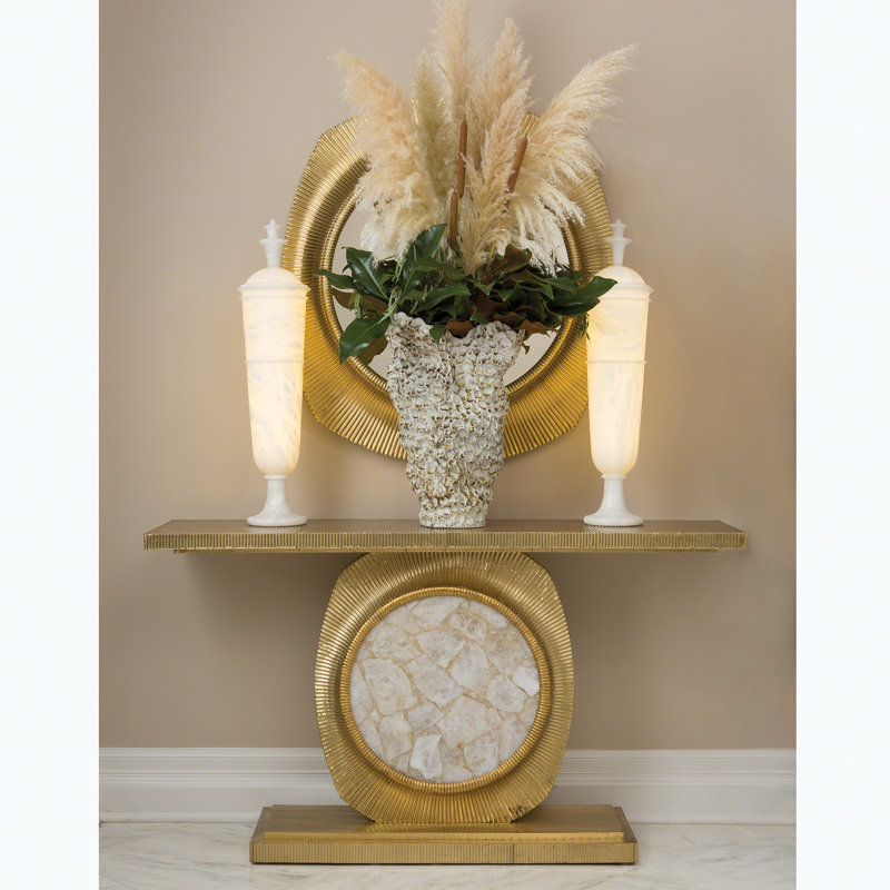Opera Fluted Gold Brass Console with Quartz Stone Insert