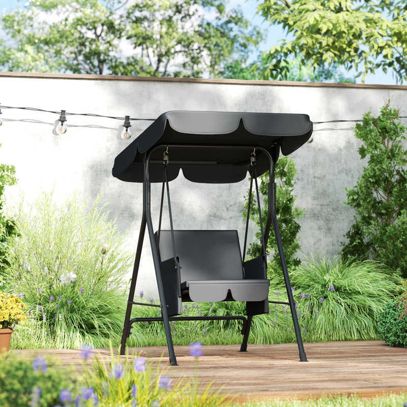 1-Seat Patio Swing Chair with Adjustable Canopy and Cushions, Black