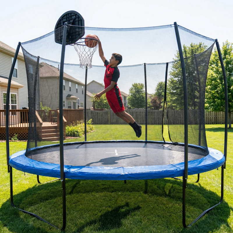 Trampoline d'extérieur 14 pi Pumpkin avec panier de basketball, filet, échelle, noir et bleu, métal