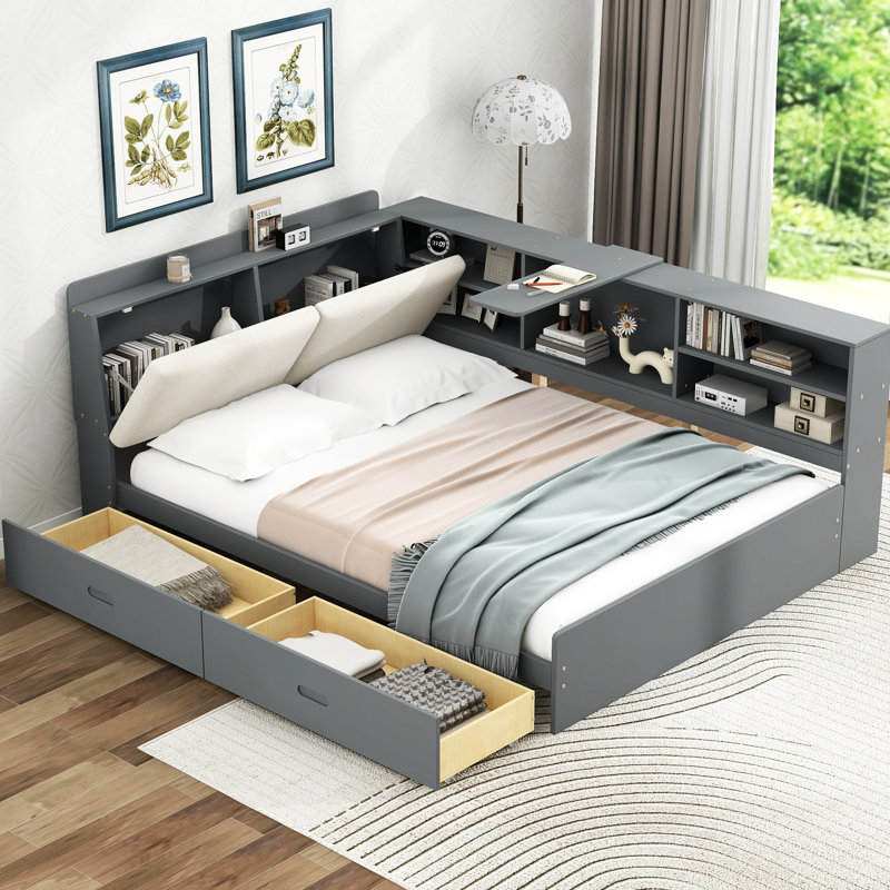 Lit double en bois gris avec tête de lit à rangement, 2 tiroirs, pin et capacité de rotation rotative, Grey