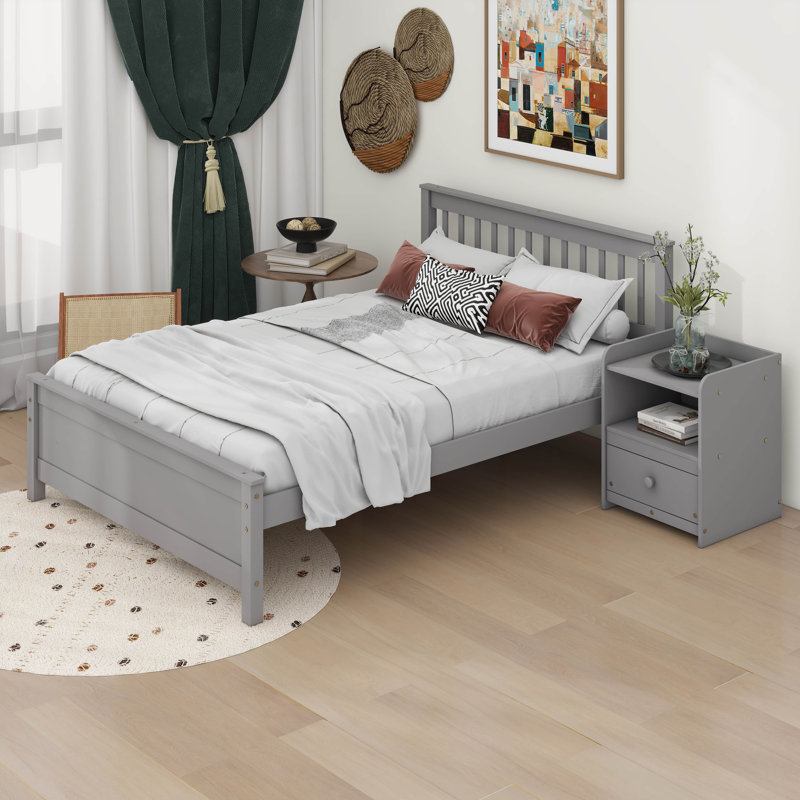 Lit plateforme double Camille avec table de chevet, Gris