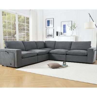 5 modulaires de salon modulaires avec porte-gobelet et porte-gobelet sans fil, en forme de L, gris, lin doux, diy estampage de canapés modulaires en charge, support, lin