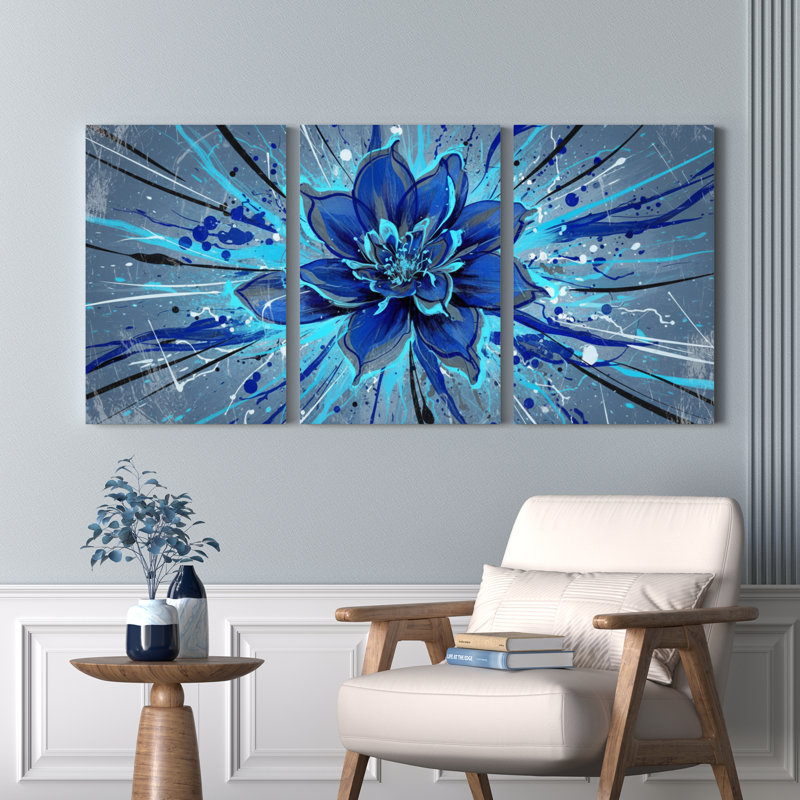 Ensemble de 3 tableaux abstraits à motif floral bleu sur toile tendue, H 36 po x l 72 po