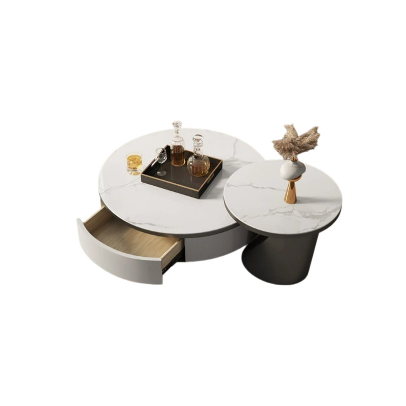Table basse beige et grise avec plateau en pierre, H 19,69 po x l 55,12 po x P 31,5 po