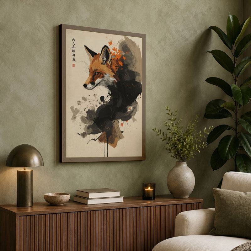 Fox in Ink Japandi - Wrapped Canvas, 36x24 - 91.4 x 61.0 cm, Sage Border
